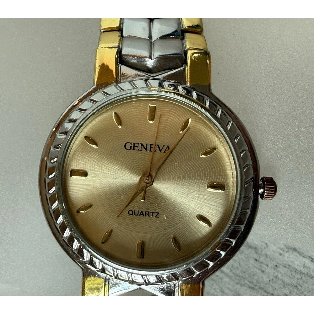 Geneva Quartz Watch Two-Tone Gold Silver Link Bracelet W/New Battery Working SS